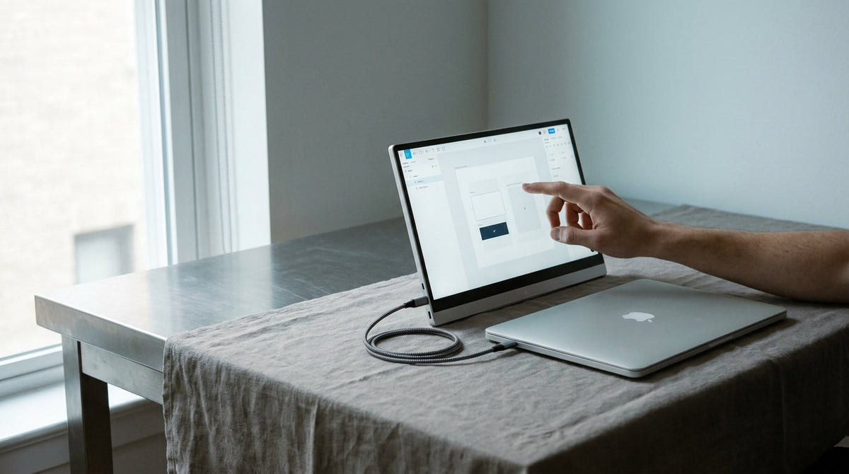 Portable touch monitor connected to a laptop via USB-C cable on a clean desk setup