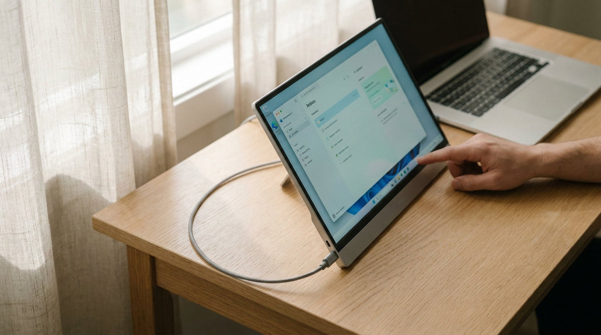 Portable touchscreen monitor connected to a laptop with a single USB-C cable on a clean desk