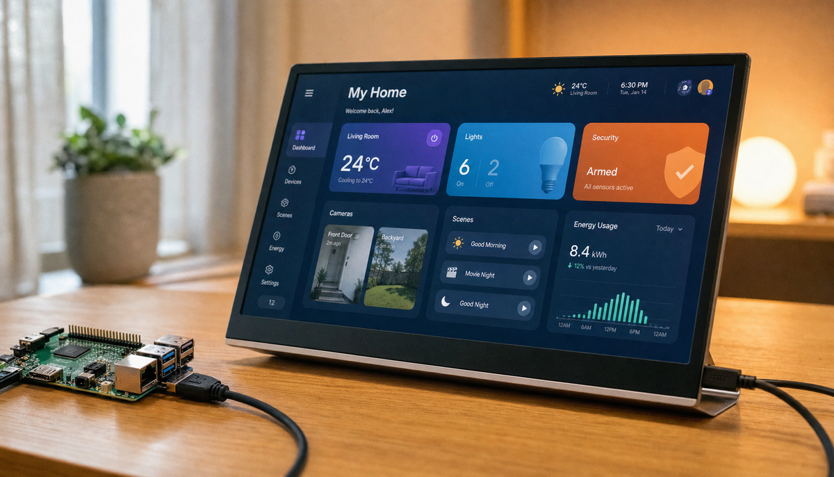 Portable touchscreen monitor connected to a single-board computer displaying a smart home dashboard