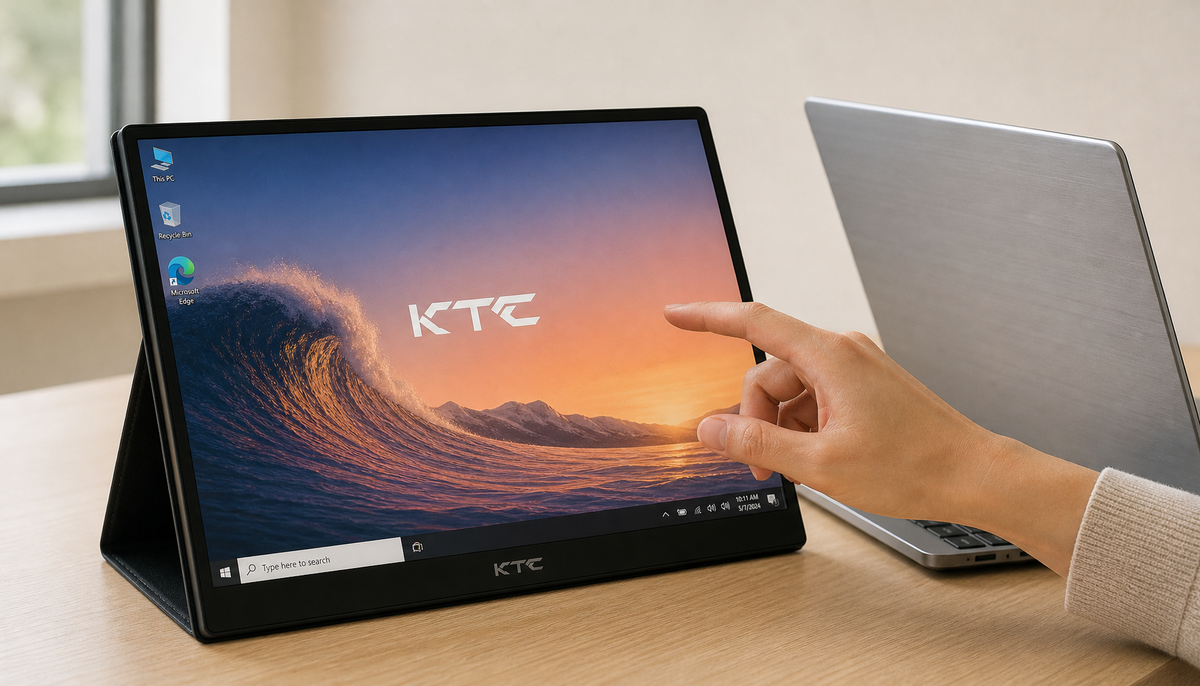 Portable touchscreen monitor fully lit beside a laptop after waking from sleep, with touch input unresponsive