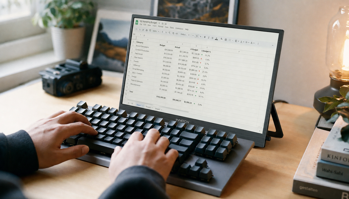 Portable touchscreen monitor set up on a desk as a productivity display with keyboard in front, touch disabled for focused typing