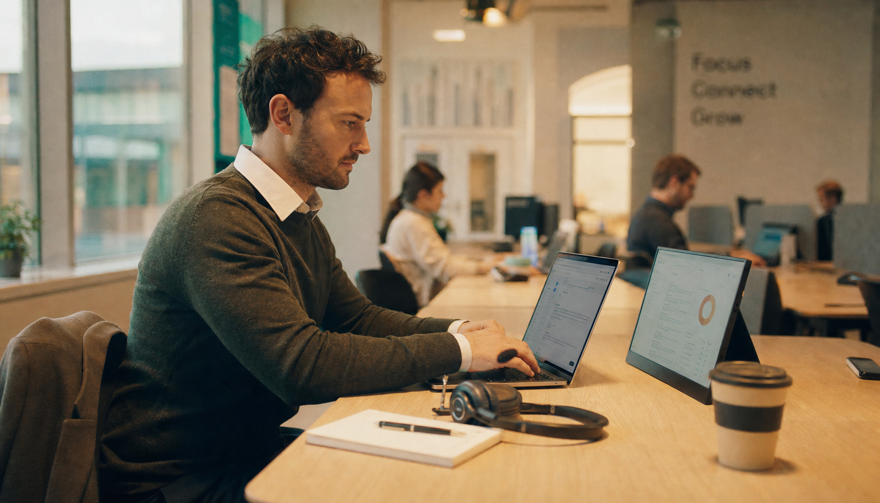 Professional at a coworking hot desk with a portable monitor and headset nearby, illustrating the audio setup challenge for video conferencing in shared workspaces