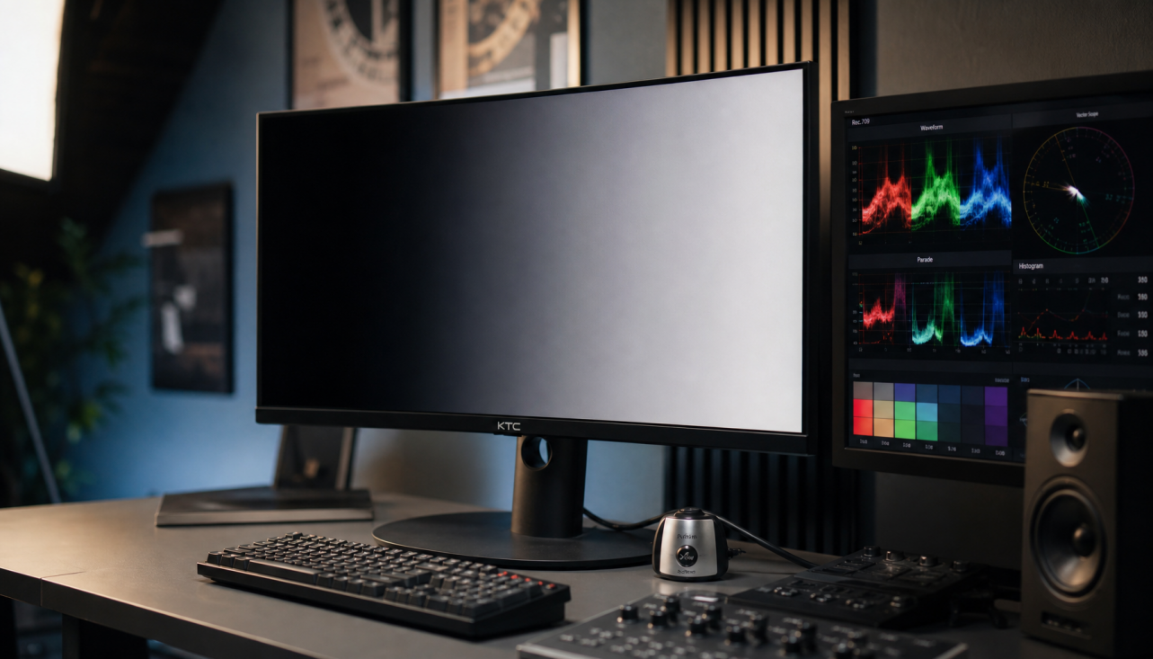 Professional video editing workstation with monitor displaying a tonal gradient, used for calibrating contrast and tonal separation