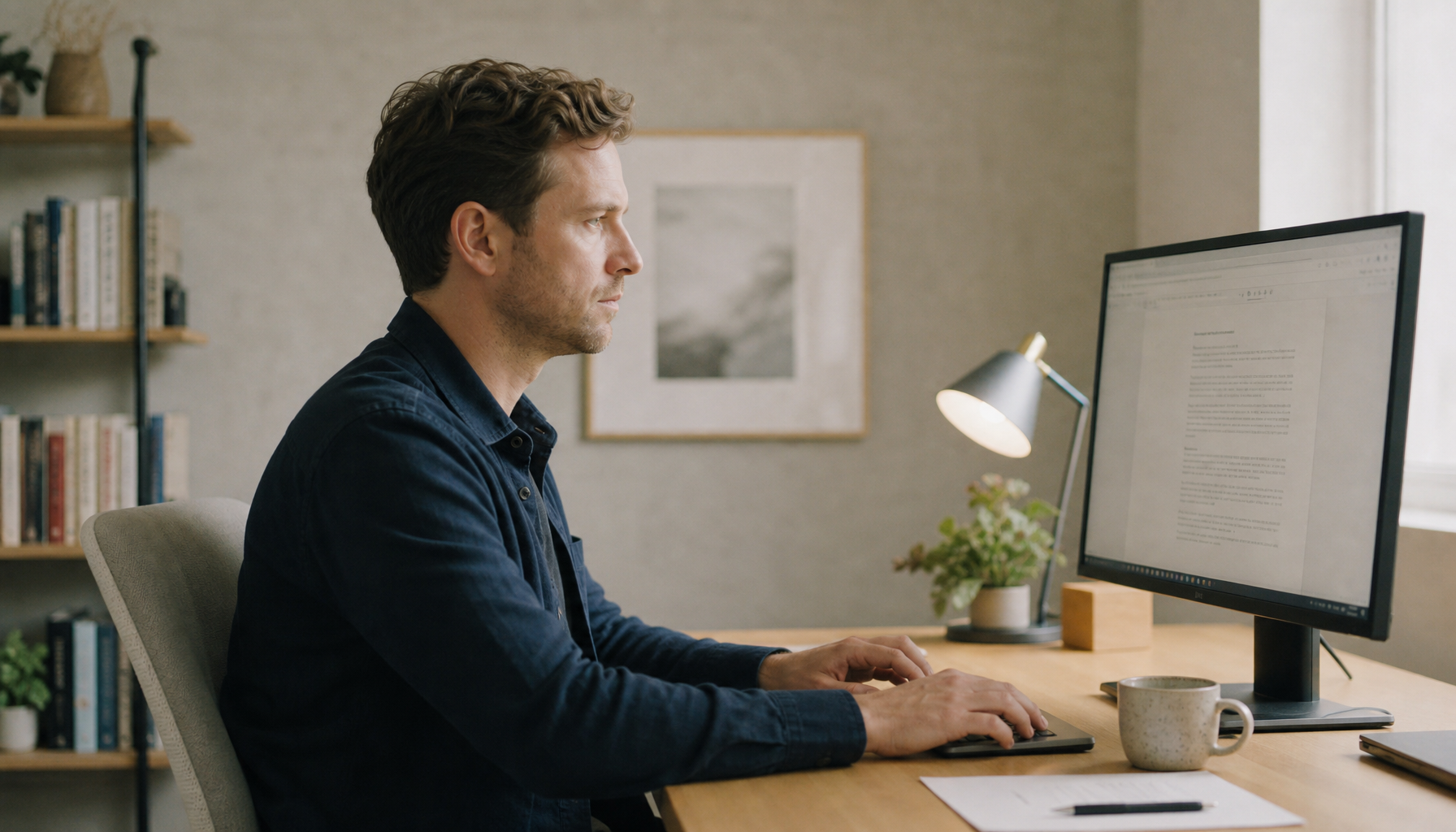 Professional working comfortably at a well-lit desk with monitor brightness matched to ambient room light during an 8-hour work session