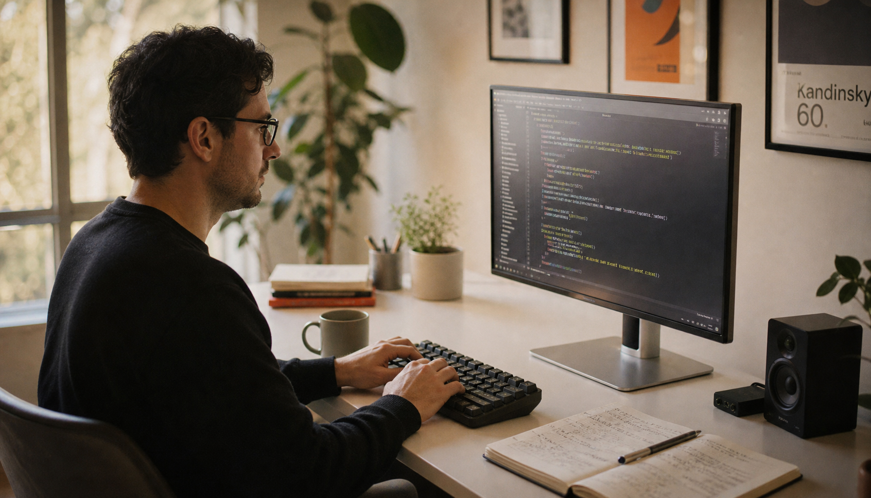 Professional working comfortably at an ergonomic home office desk with a flat-panel monitor at eye level and warm natural window light