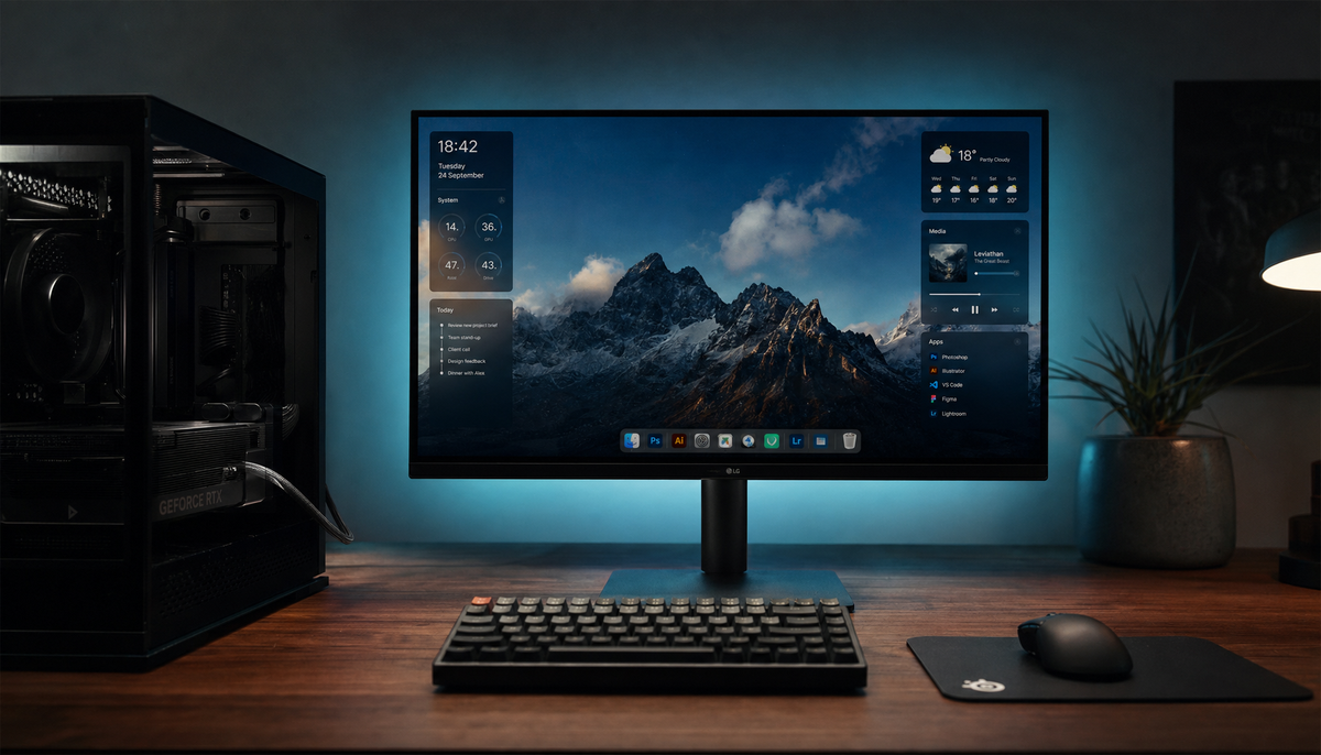 RTX 40-series GPU connected to a 4K OLED monitor via HDMI 2.1 cable on a desktop gaming setup