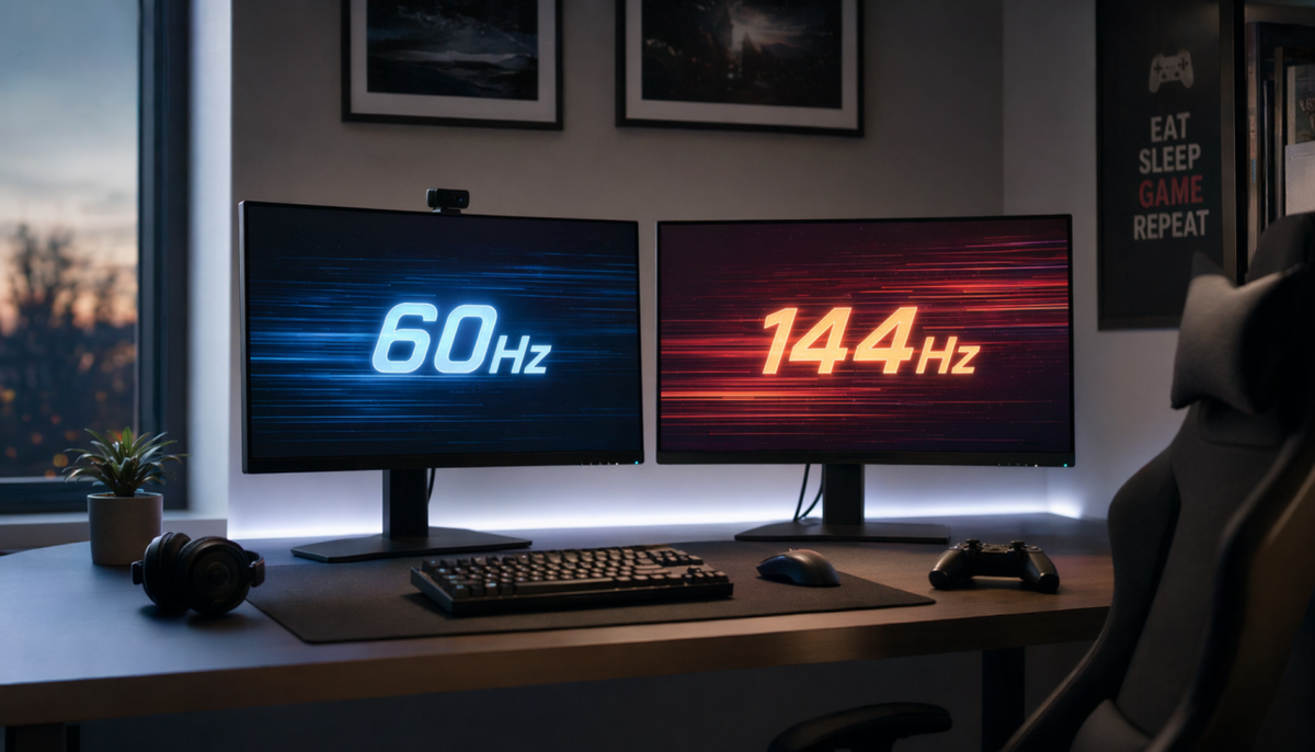 Side-by-side 60Hz and 144Hz monitors on a gaming desk illustrating refresh rate power comparison