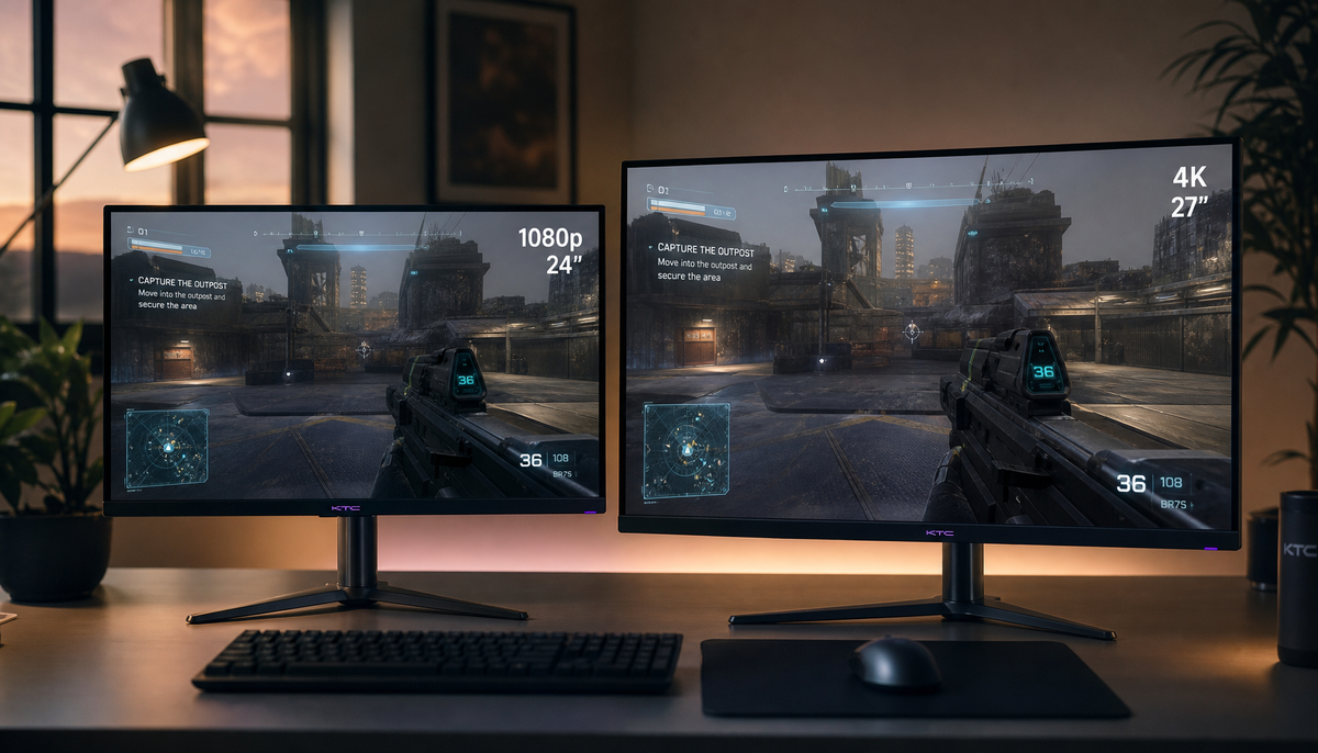 Side-by-side comparison of a native 1080p monitor and a 4K monitor both displaying 1080p content, showing the sharpness difference
