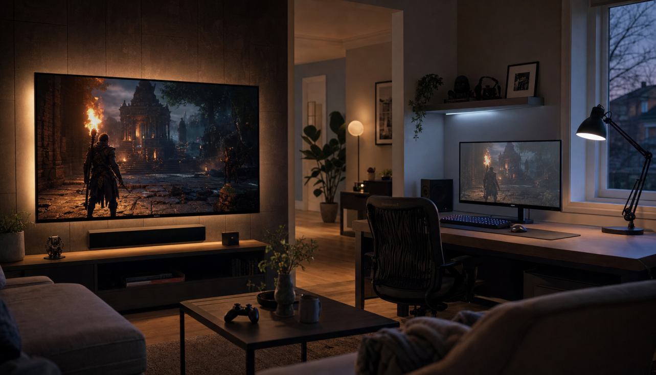 Side-by-side comparison of console HDR on a living room TV versus a gaming monitor showing the same game scene