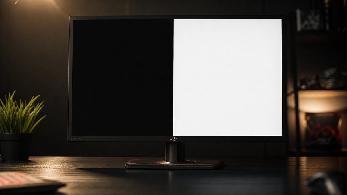 Side-by-side comparison of edge-lit and direct-lit LCD monitor backlighting on a dark gaming desk