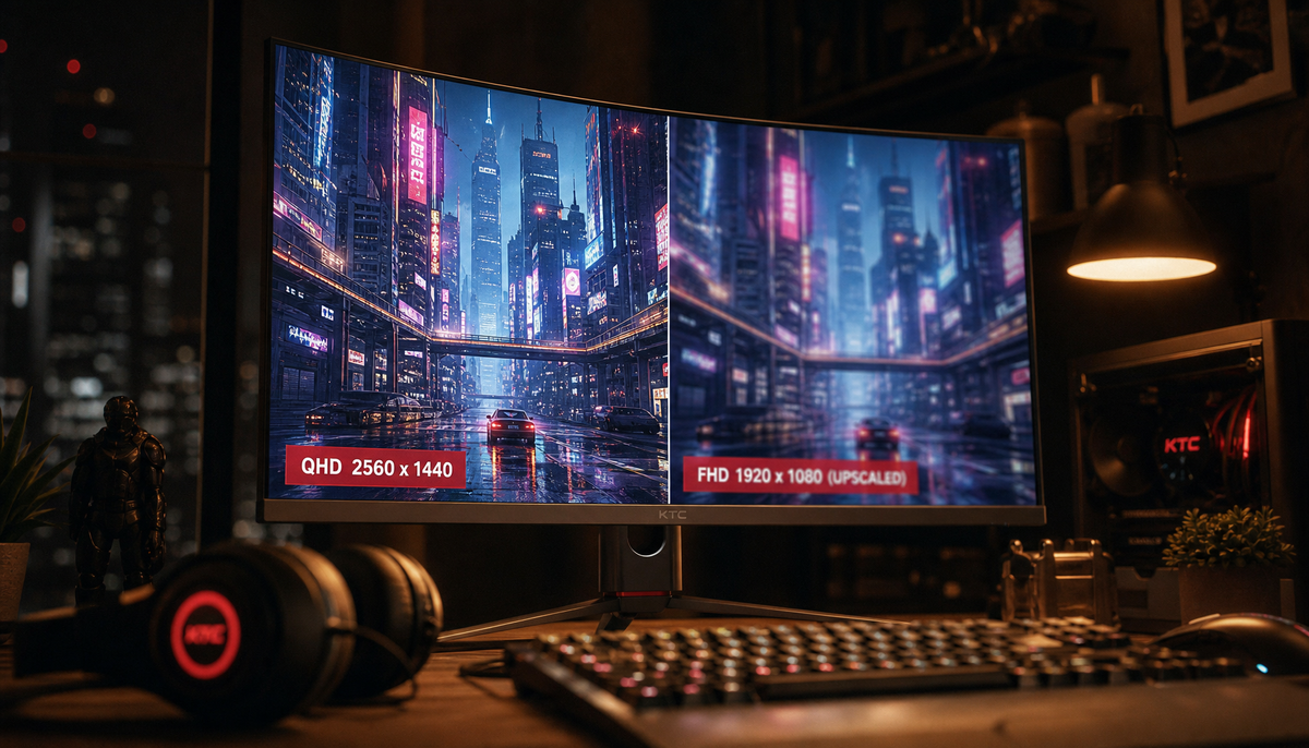 Side-by-side comparison of native resolution versus upscaled image quality on a curved gaming monitor