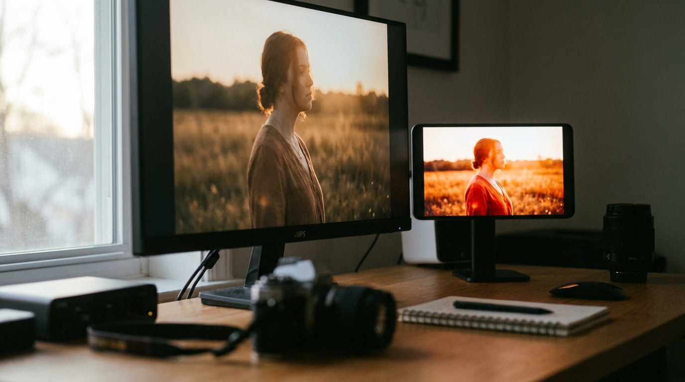 Side-by-side comparison of the same photo appearing on a desktop monitor and a smartphone, showing visible color and brightness differences