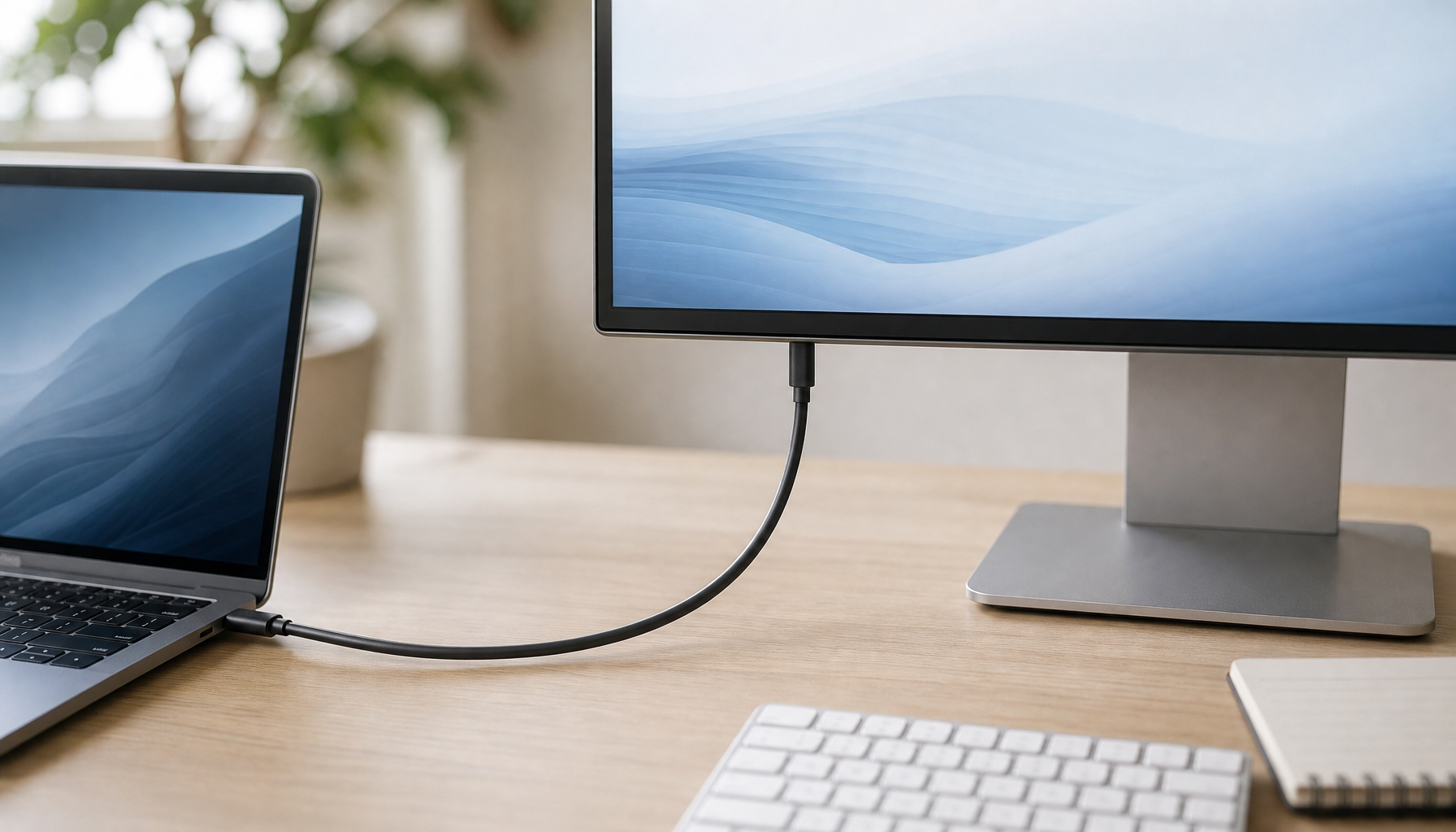Single USB-C cable connecting a laptop to a monitor on a minimal desk, replacing separate power and display cables