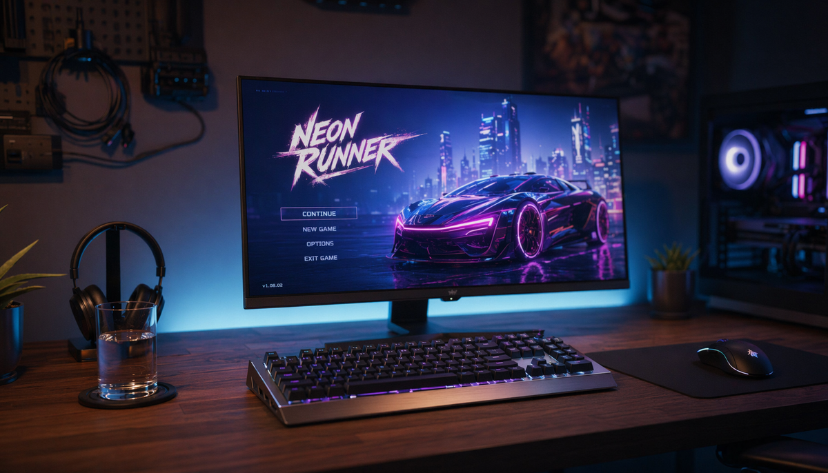 Slim-bezel gaming monitor on a clean dark desk with ambient RGB lighting and minimal peripherals