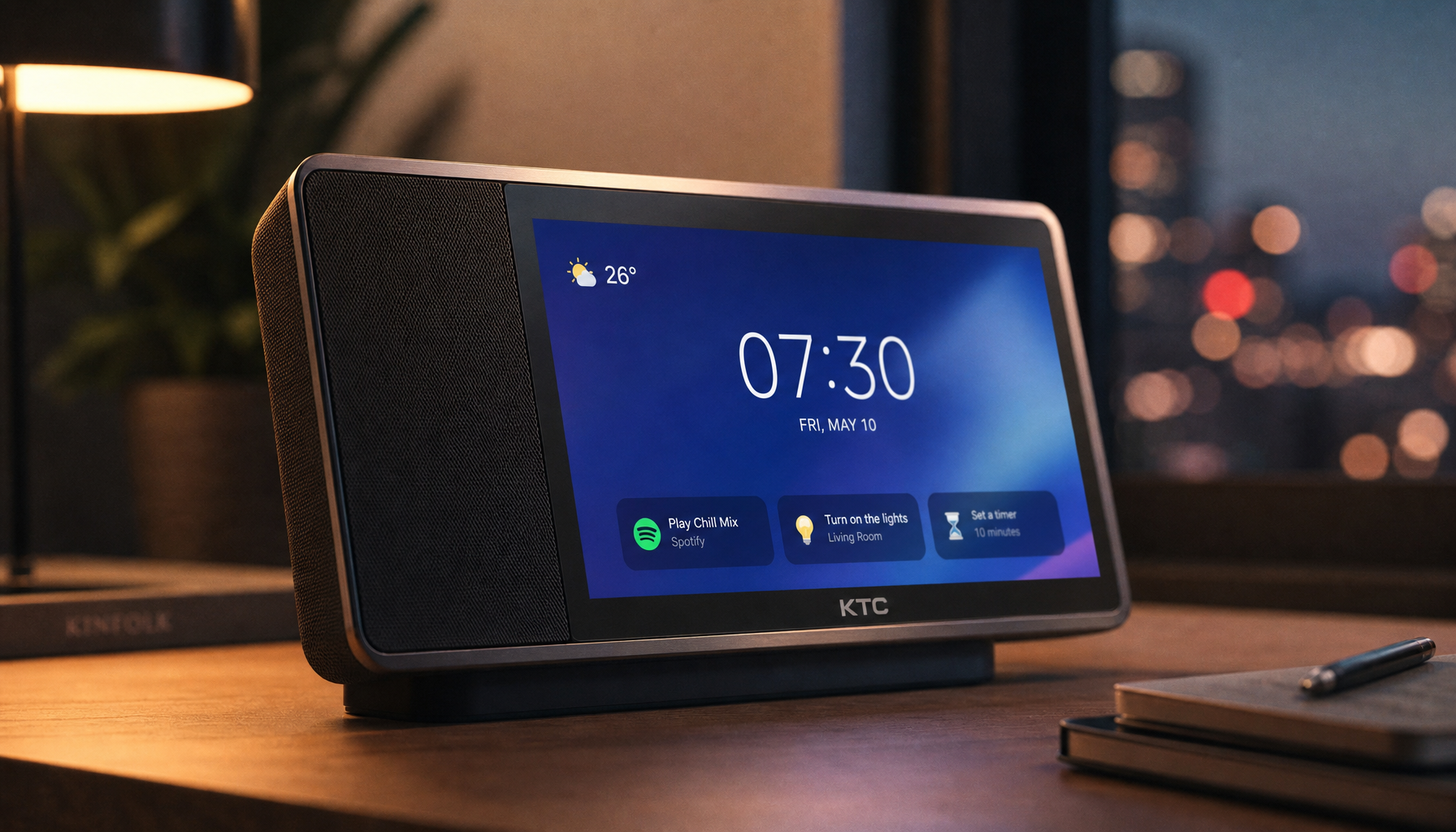 Smart display speaker on a desk illustrating the sources of crackling and popping audio issues
