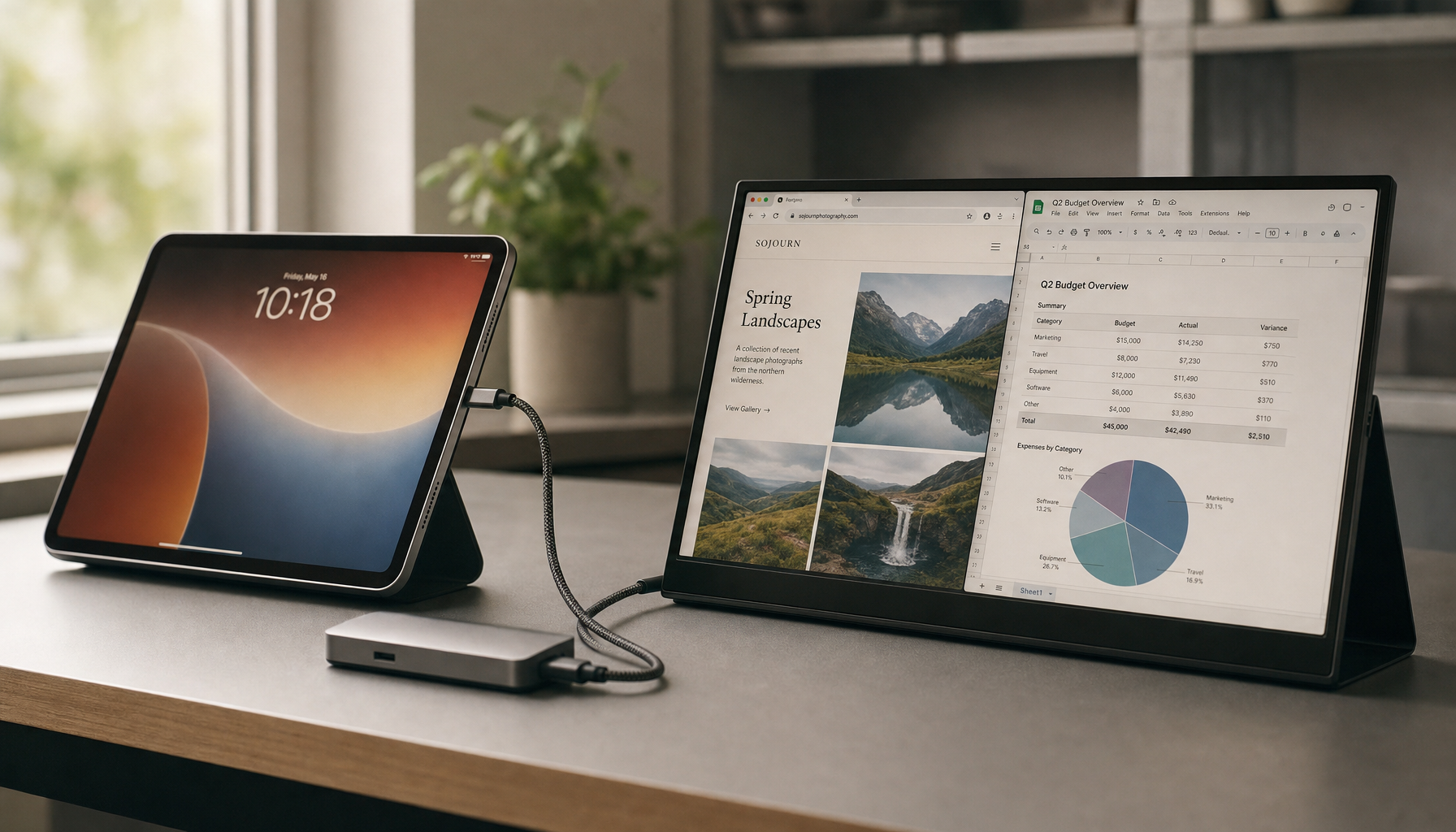 Tablet connected to a portable monitor via USB-C cable on a minimalist desk, showing extended display without Sidecar