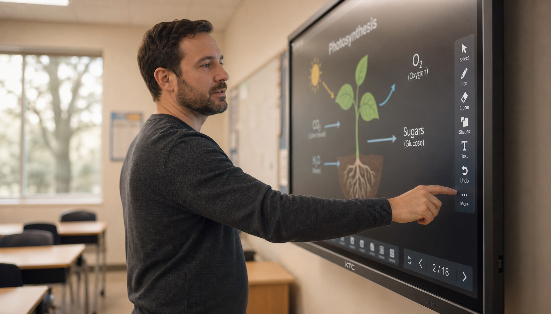 Teacher tapping a toolbar button on an interactive touch display in a classroom setting