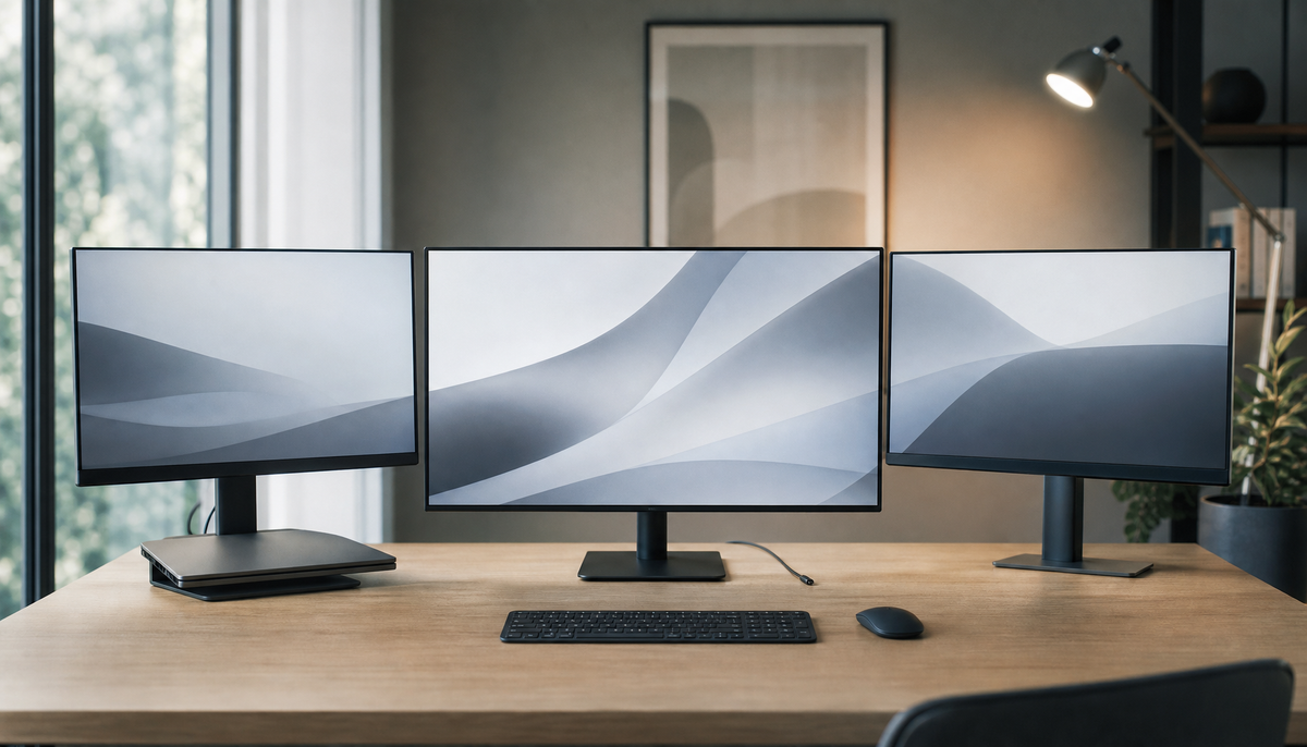 Three external monitors on a clean desk with a closed laptop on a vertical stand in a clamshell mode setup