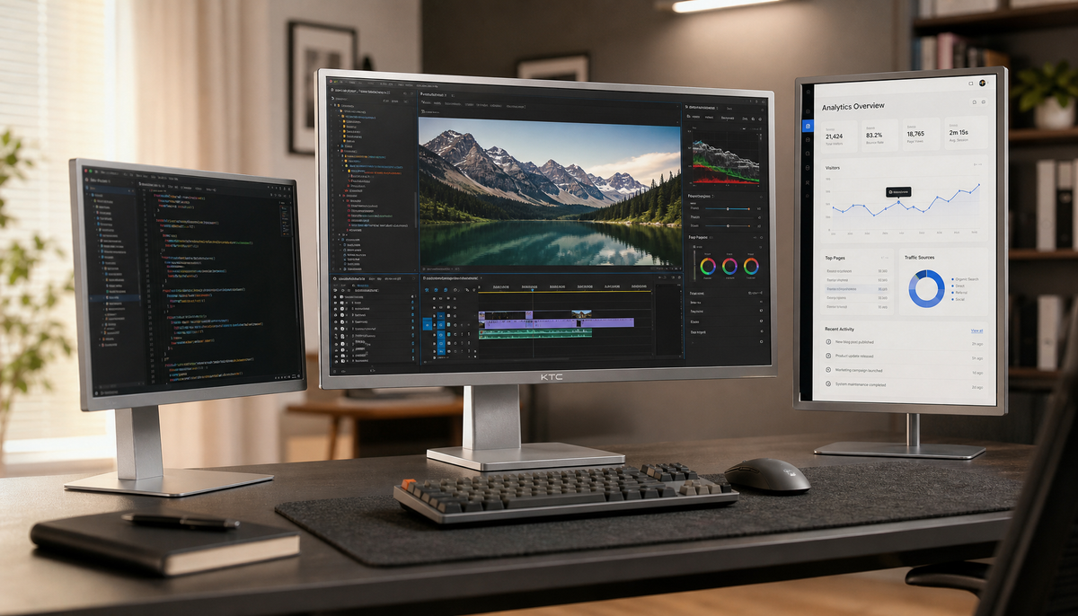 Three monitors with different resolutions arranged on a desk in a modern home office, each screen displaying content at native clarity