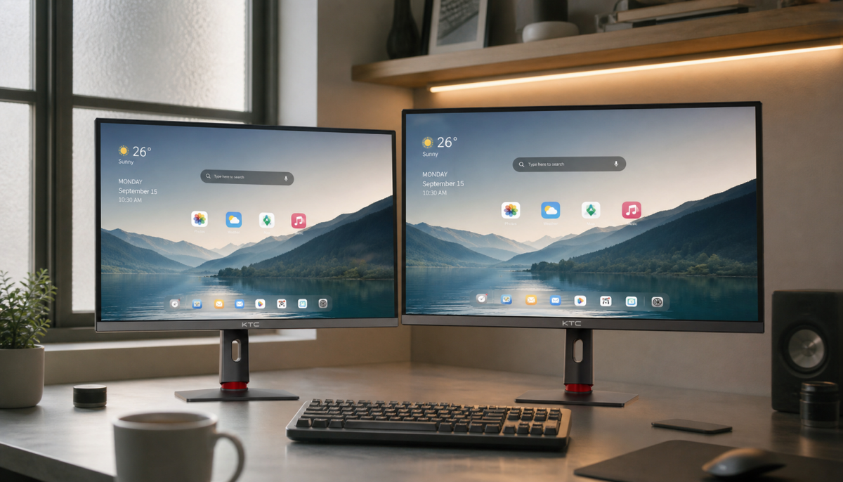 Two 27-inch monitors side by side on a home office desk showing the difference between 1440p and 4K display sharpness