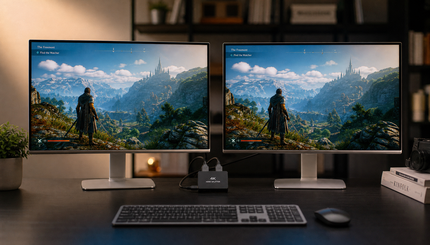 Two 4K monitors showing the same image connected through an HDMI splitter on a desk
