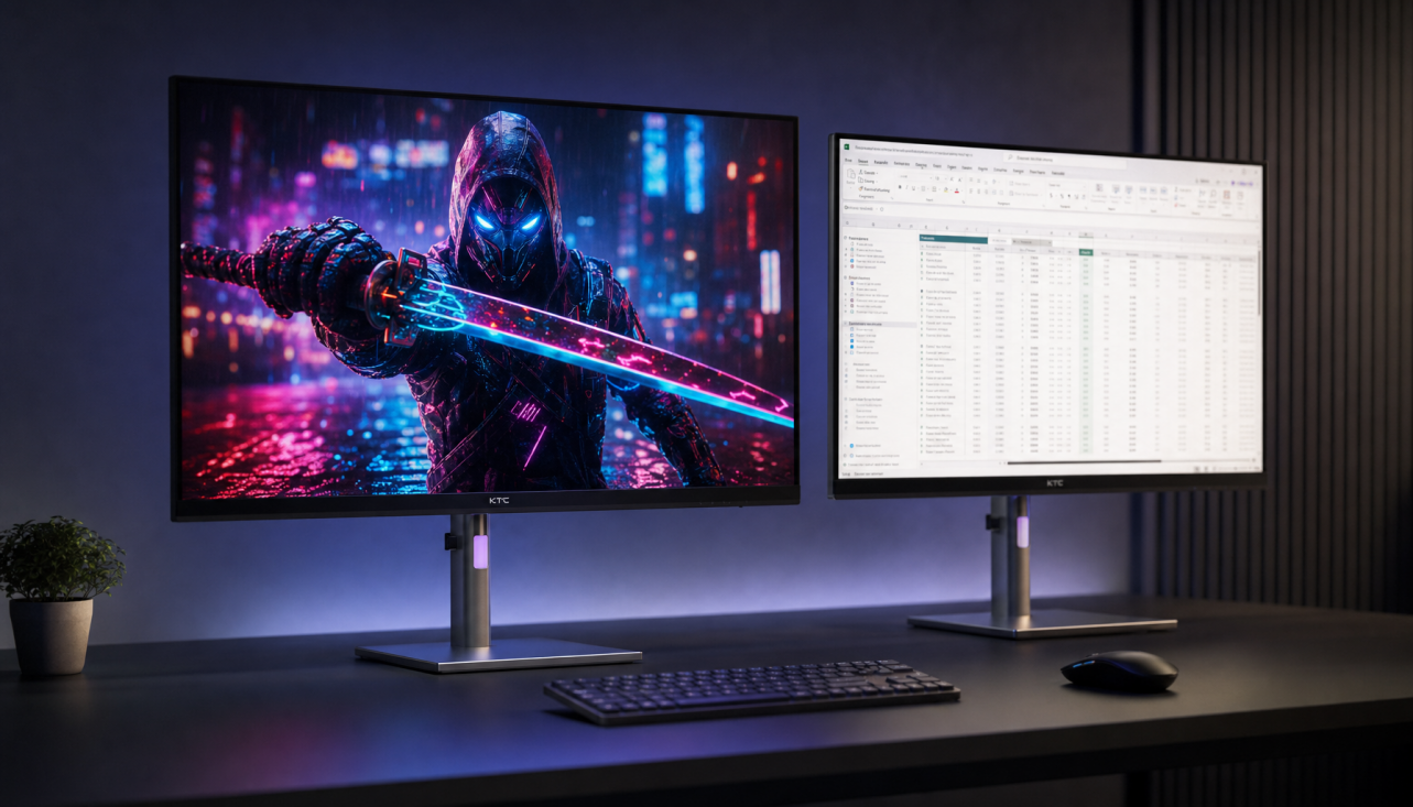 Two OLED gaming monitors side by side showing the difference between HDR gaming visuals and crisp desktop text clarity