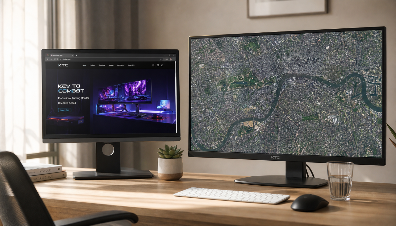 Two desktop monitors on a home office desk showing 4K and ultra-high-resolution display content side by side