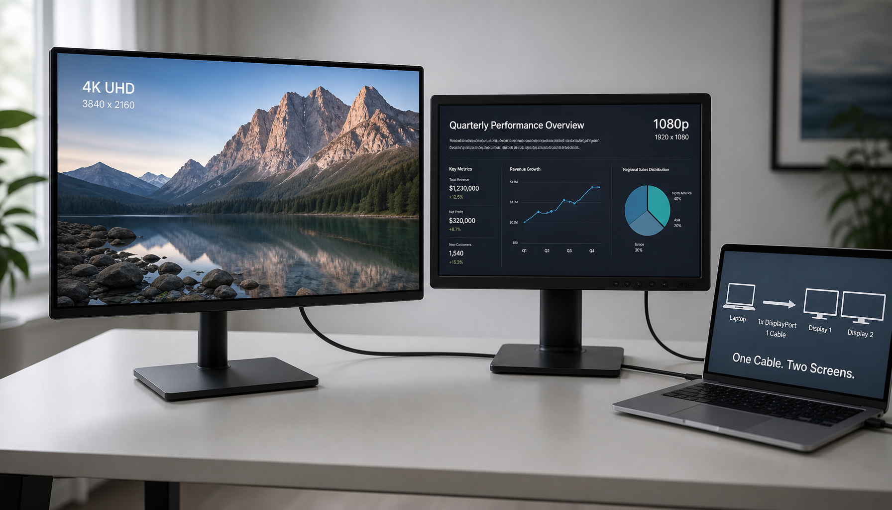 Two monitors daisy-chained via a single DisplayPort cable on a clean desk, showing how DP 1.2 and DP 1.4 displays can share one output from a laptop