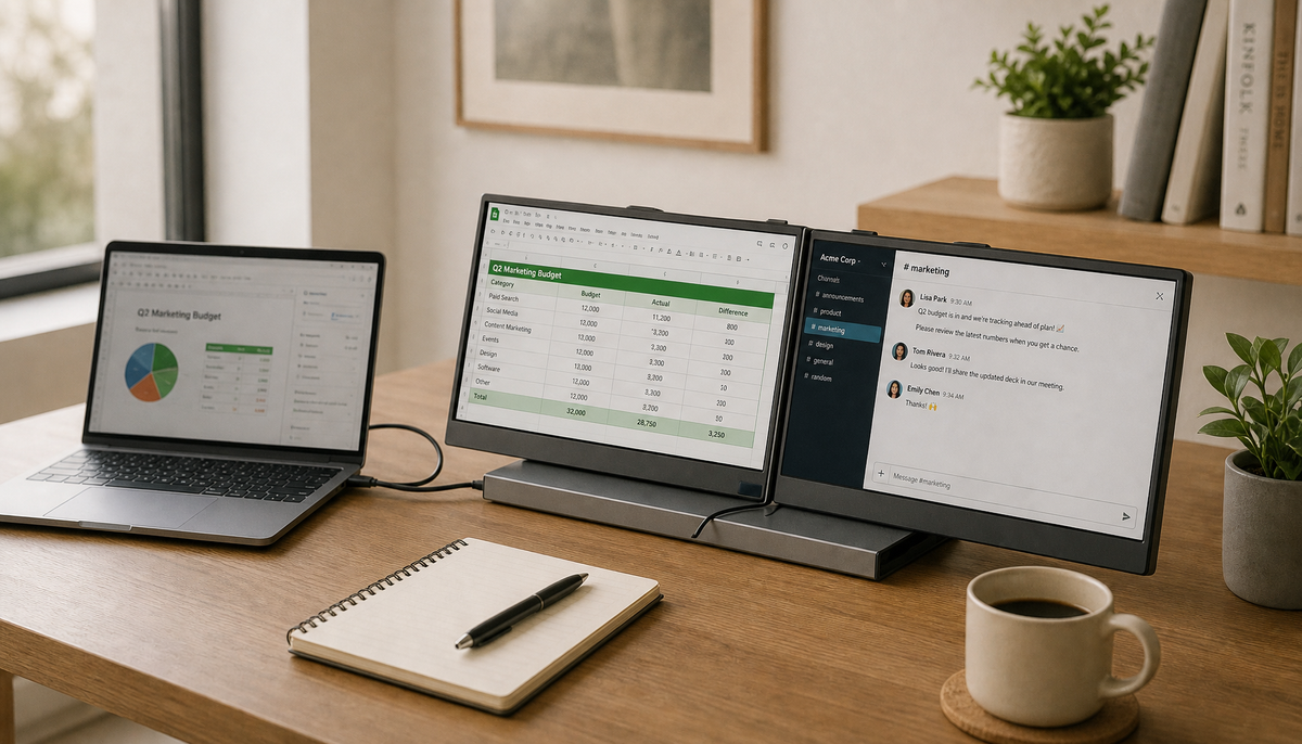 Two portable monitors daisy-chained to a laptop via USB-C on a clean home office desk
