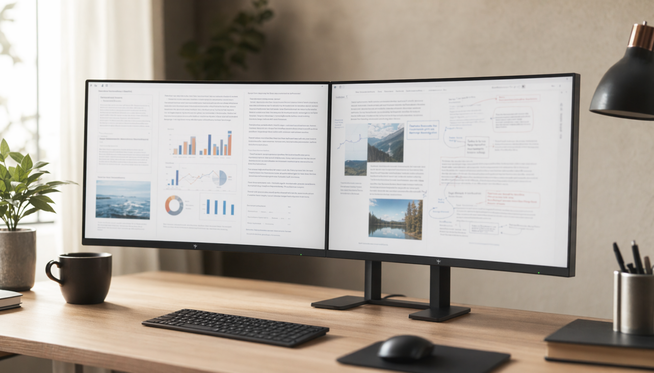 Two thin-bezel monitors side by side on a clean desk showing documents in a dual-screen workspace