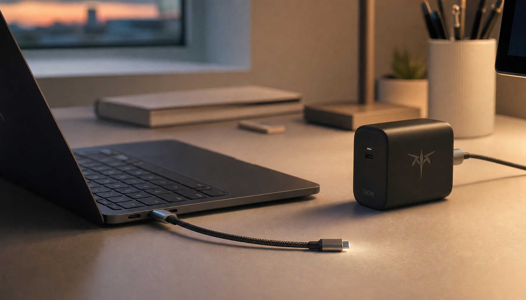USB-C cable connected to a laptop beside a 100W GaN charger on a clean desk