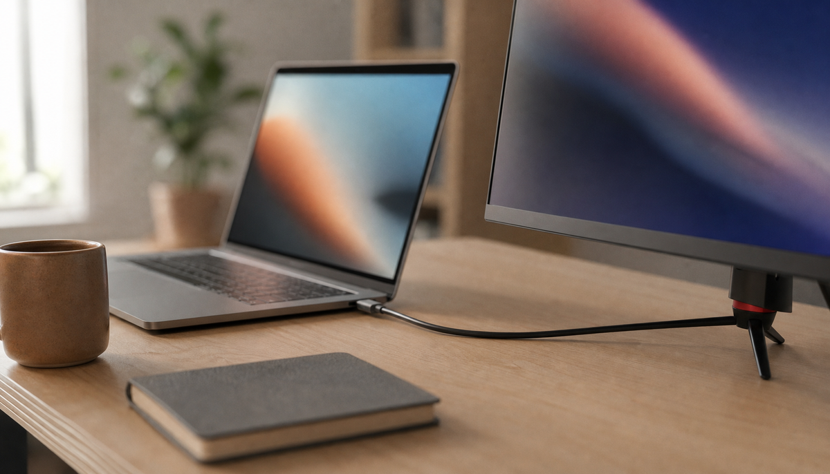 USB-C cable connecting a laptop to a monitor on a clean office desk