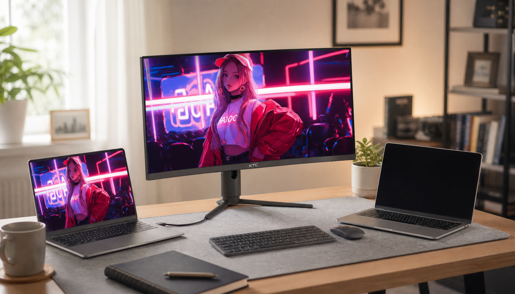 USB-C monitor showing a clear image connected to one laptop while the same cable shows no signal on a second laptop beside it