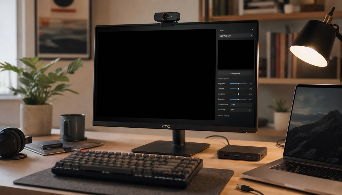 USB webcam clipped to monitor displaying a black screen, sitting on a clean home office desk with an unplugged USB cable