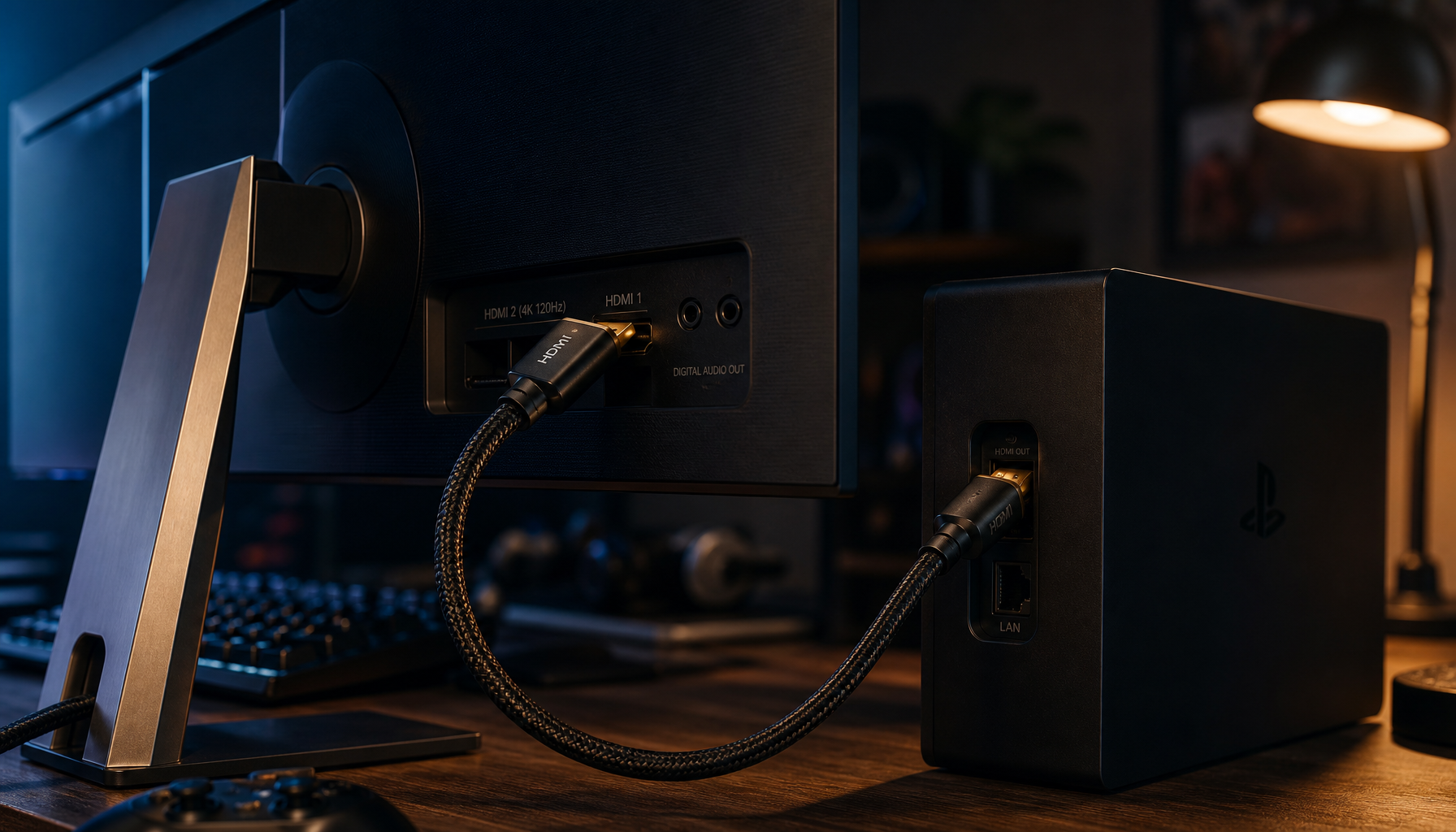 Ultra High Speed HDMI 2.1 cable connecting a gaming console to a 4K monitor in a dark gaming desk setup