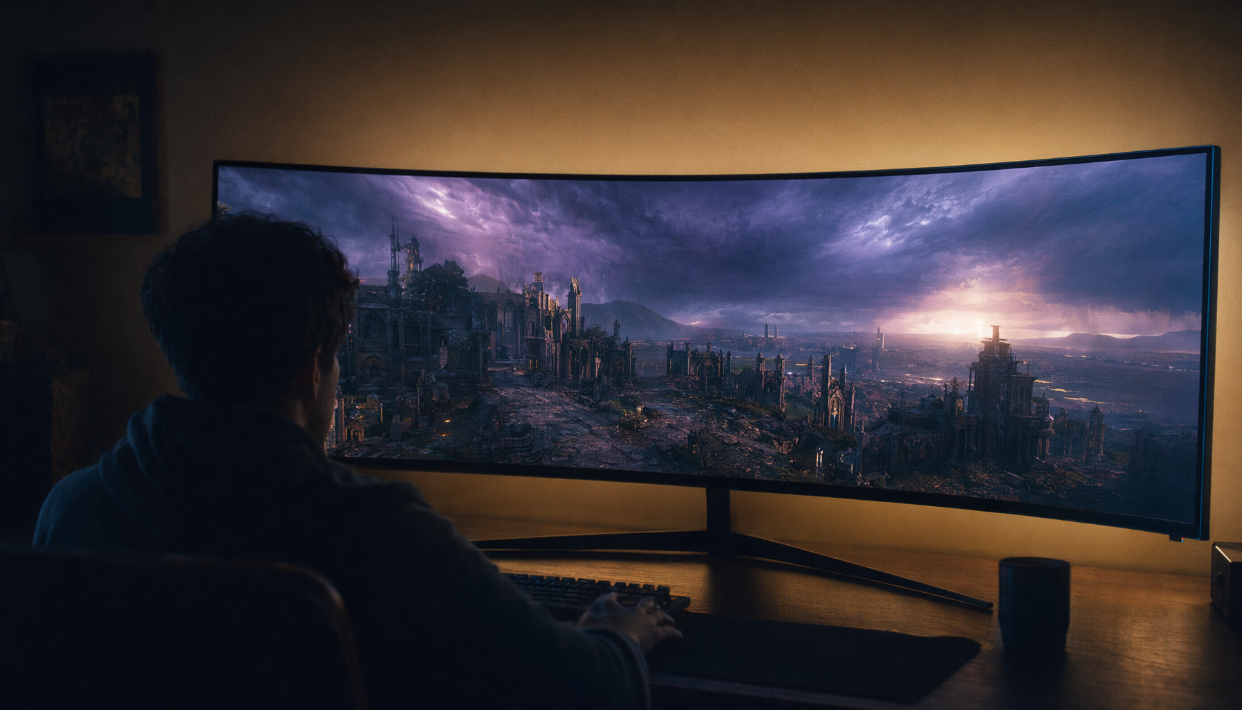 Ultrawide curved gaming monitor displaying a cinematic open-world scene with dramatic storm sky, set up in a dark gaming room