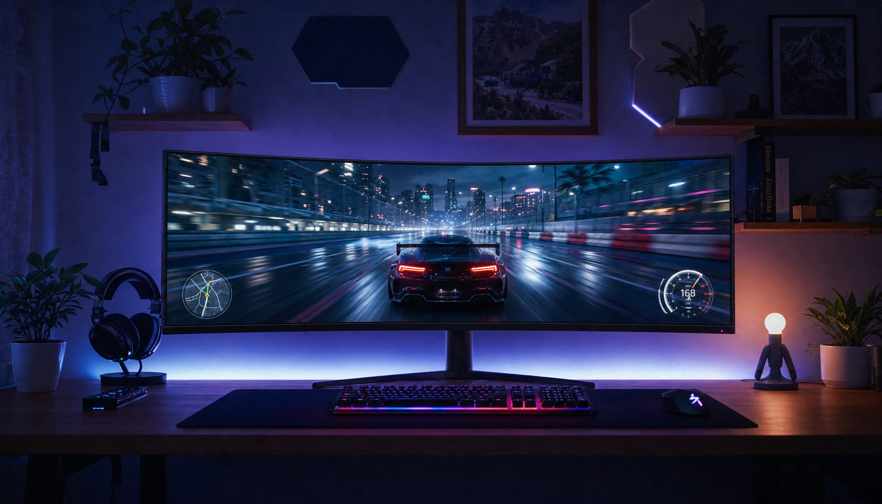 Ultrawide curved gaming monitor displaying a racing game at full 21:9 aspect ratio in a dark gaming setup
