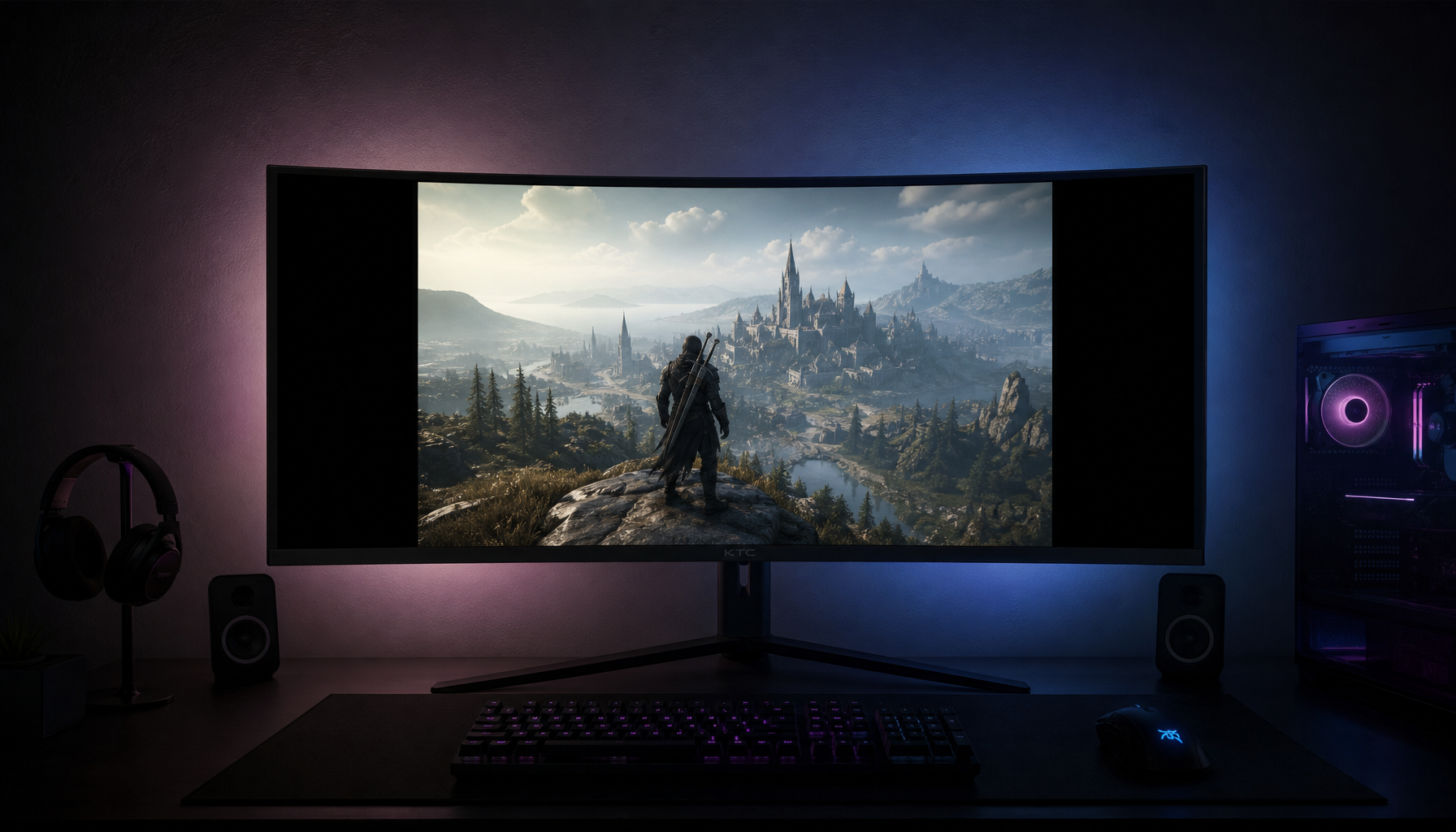 Ultrawide curved gaming monitor showing a 16:9 pillarboxed game on a dark gaming desk with RGB ambient lighting