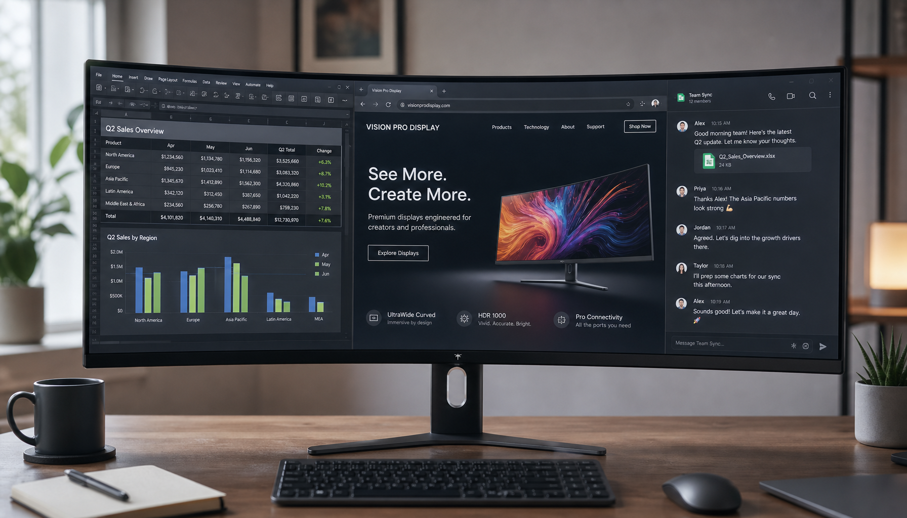 Ultrawide curved monitor showing a three-pane productivity workspace on a clean desk