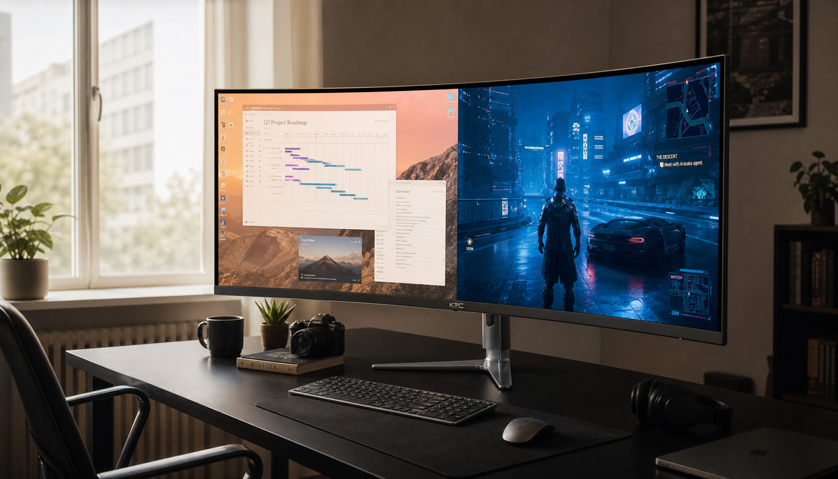 Ultrawide curved monitor showing split-screen mode with visible color temperature mismatch between two input sources
