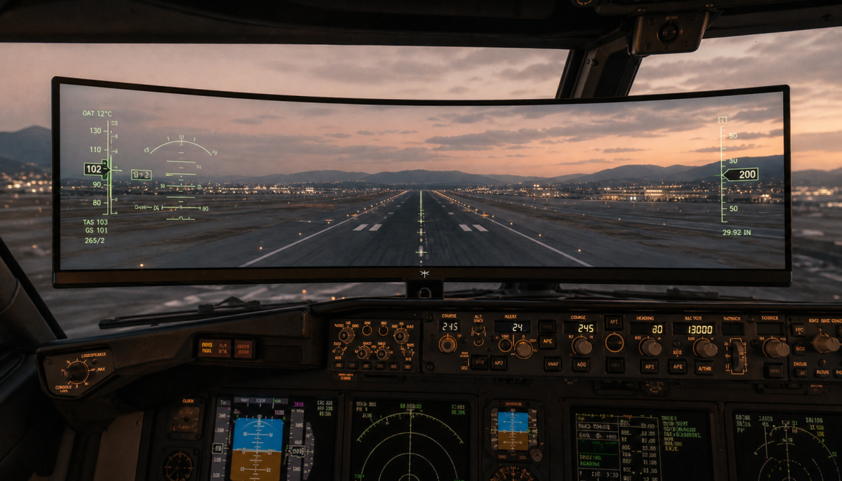 Ultrawide monitor displaying a flight simulator cockpit view with runway and instruments visible side by side