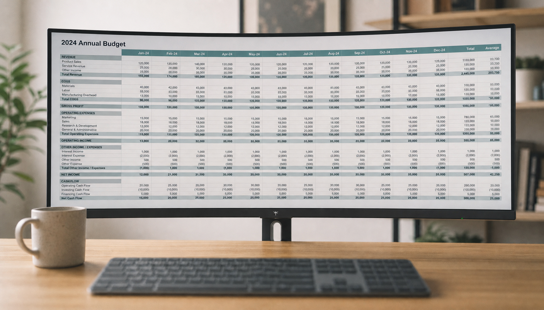 Ultrawide monitor displaying a multi-column spreadsheet in a clean home office setup