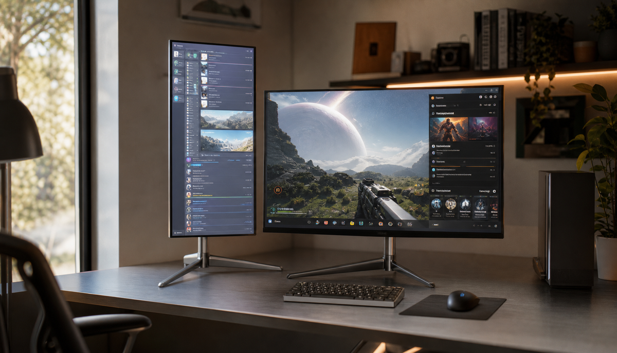 Vertical monitor in portrait mode displaying stretched and squashed content next to a correctly oriented landscape display