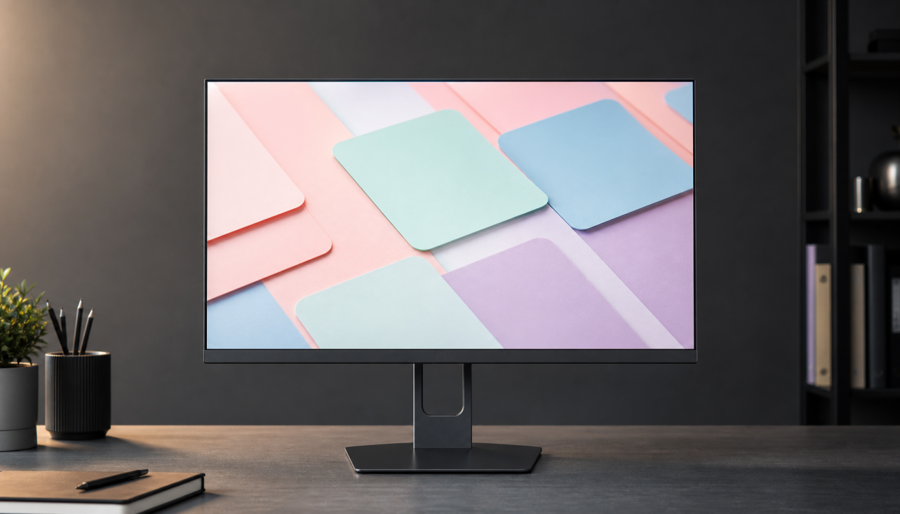 Wide-gamut monitor displaying pastel color swatches to illustrate DCI-P3 color accuracy