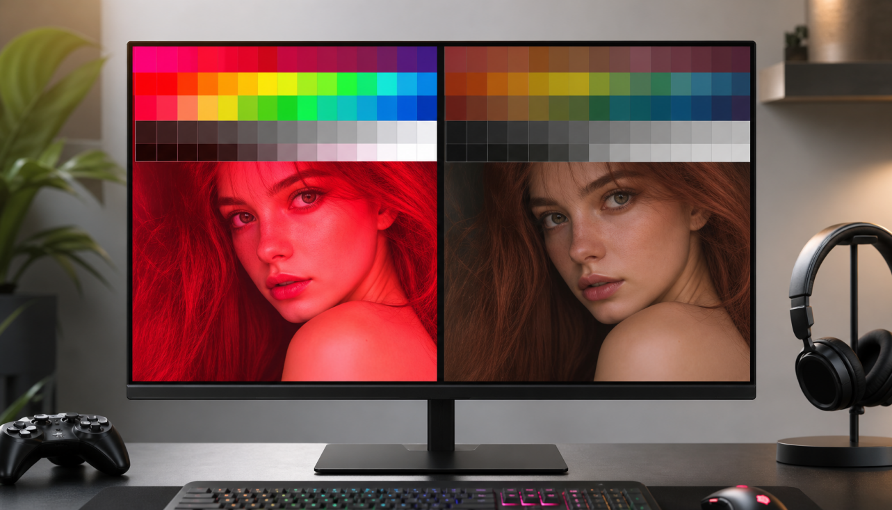 Wide-gamut monitor showing oversaturated sRGB colors vs color-managed accurate display output