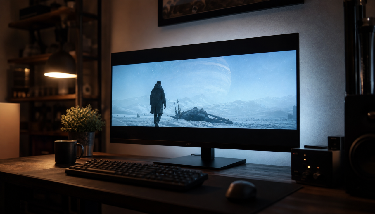 Widescreen monitor displaying a letterboxed movie with black bars in a dark room