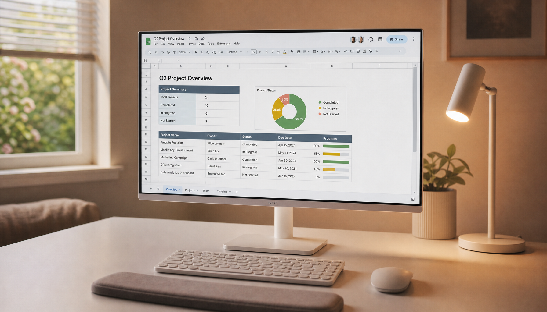 Wireless keyboard and mouse paired with a KTC smart monitor on a clean home office desk