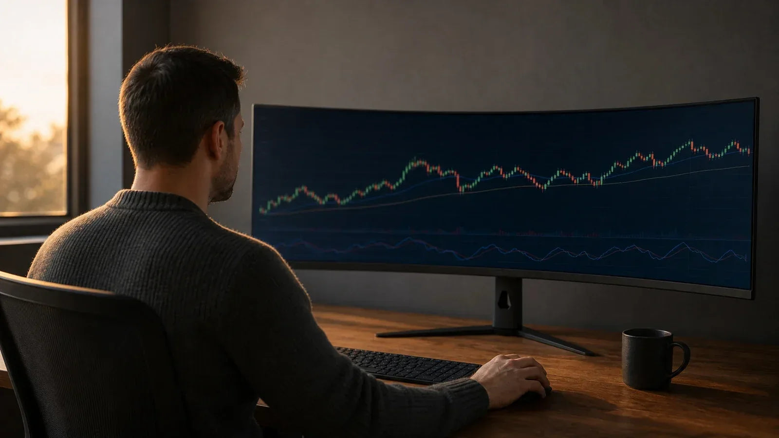 Trader seated at a home desk watching candlestick charts on a wide curved ultrawide monitor at dawn