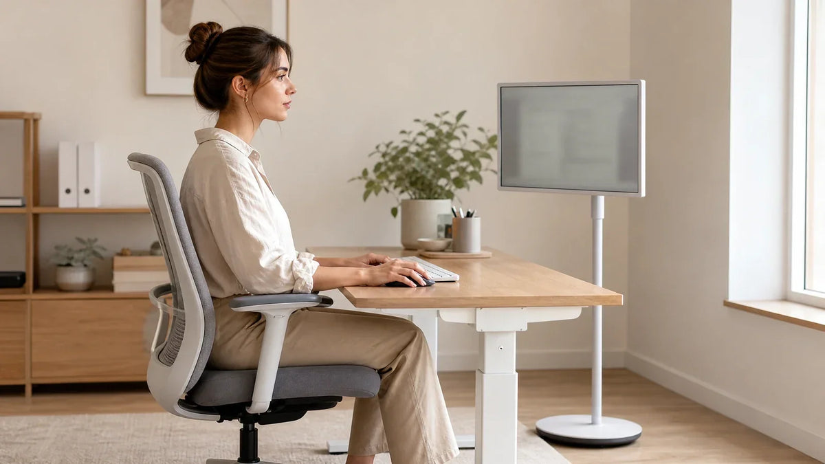 Woman at height-adjustable desk using keyboard and mouse while facing KTC monitor on white floor stand in modern office