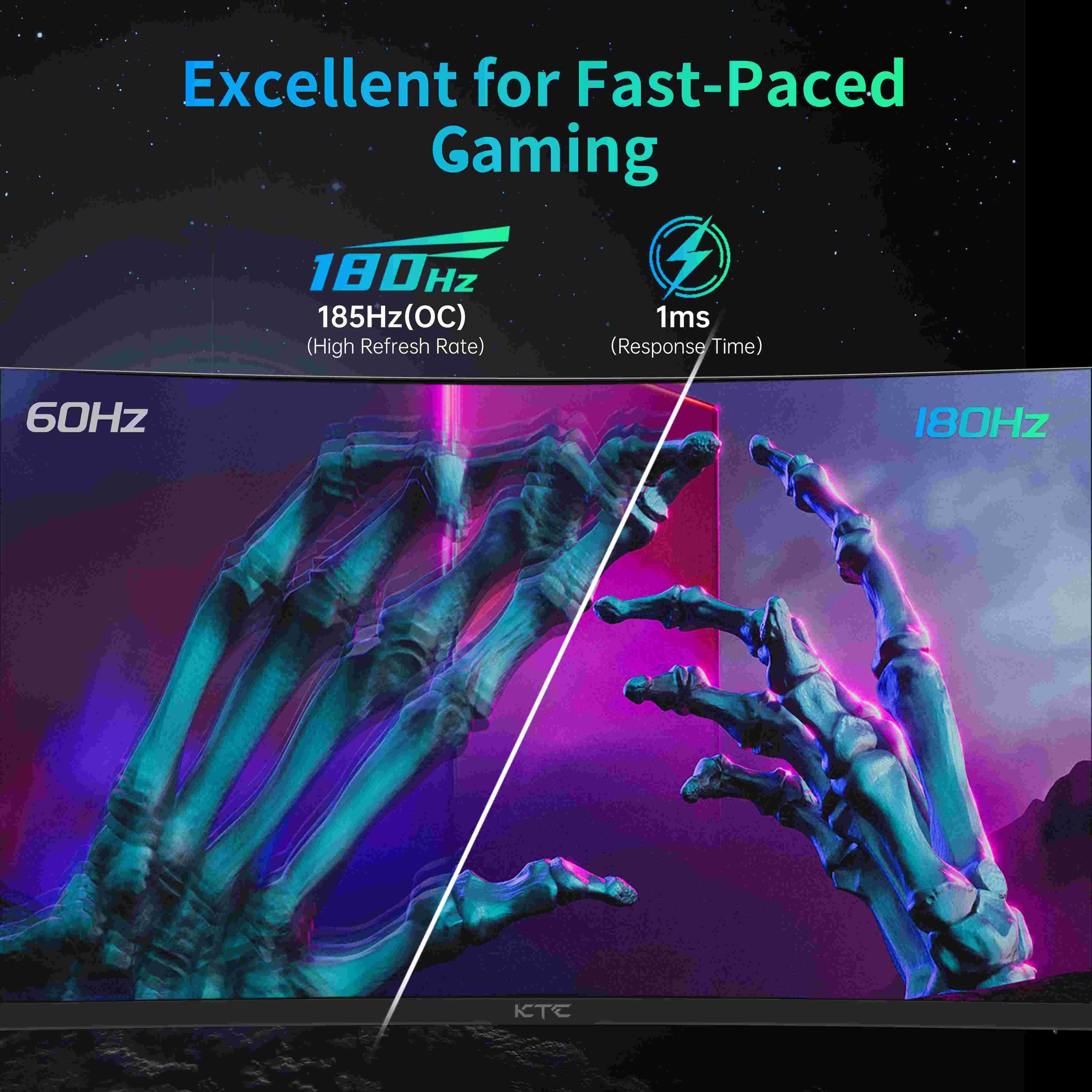 KTC 27-inch curved gaming monitor showing 185Hz refresh rate, WQHD and 1ms MPRT